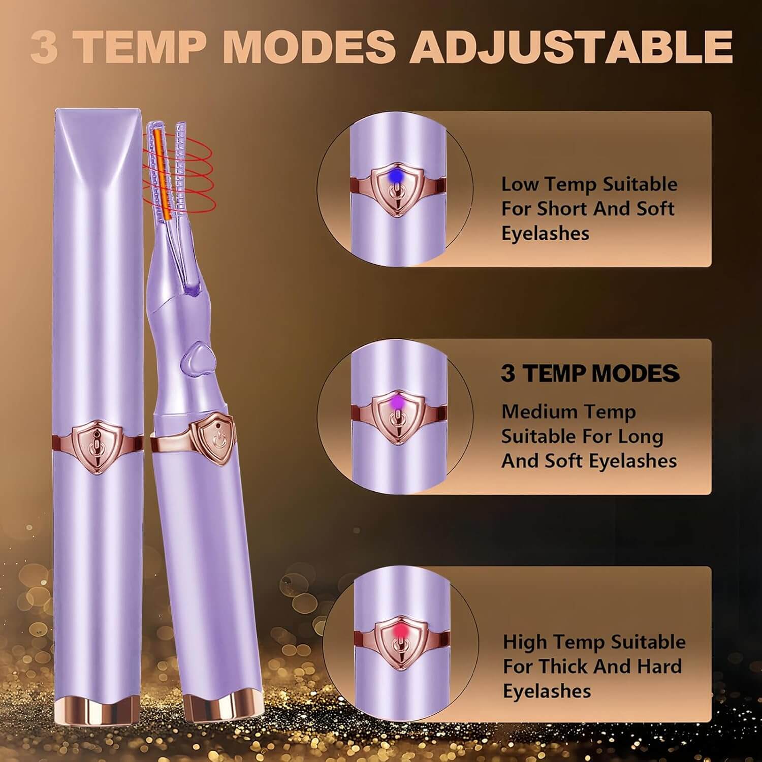 Revibe Zen Heated Lash Curler showcasing 3 adjustable temperature modes for optimal curling.