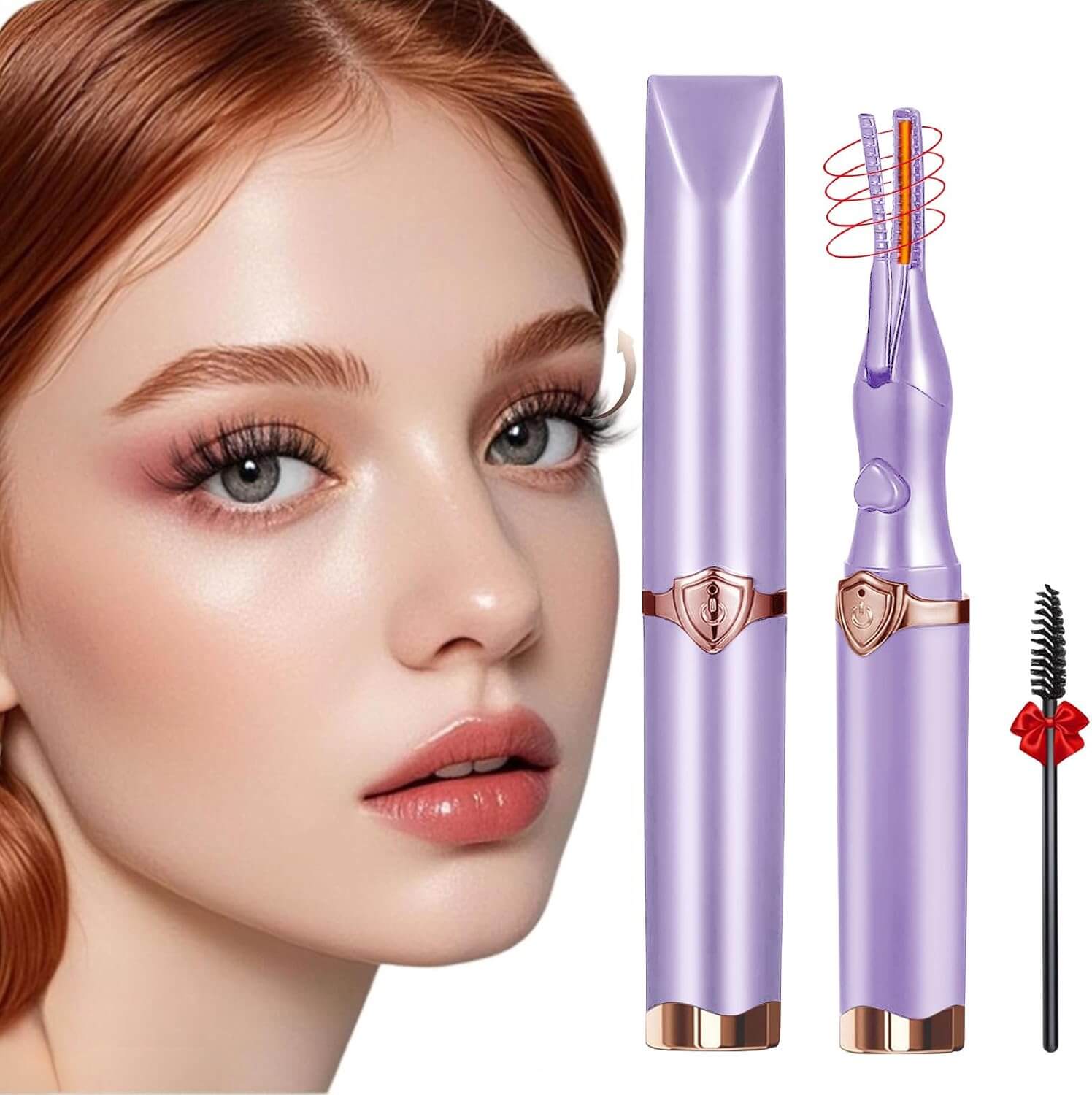 Revibe Zen Heated Lash Curler displayed with a model showcasing beautifully curled lashes.
