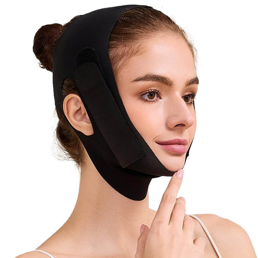 Revibe Zen Lifting Face Strap worn by a model showcasing its adjustable design for facial contouring and support.