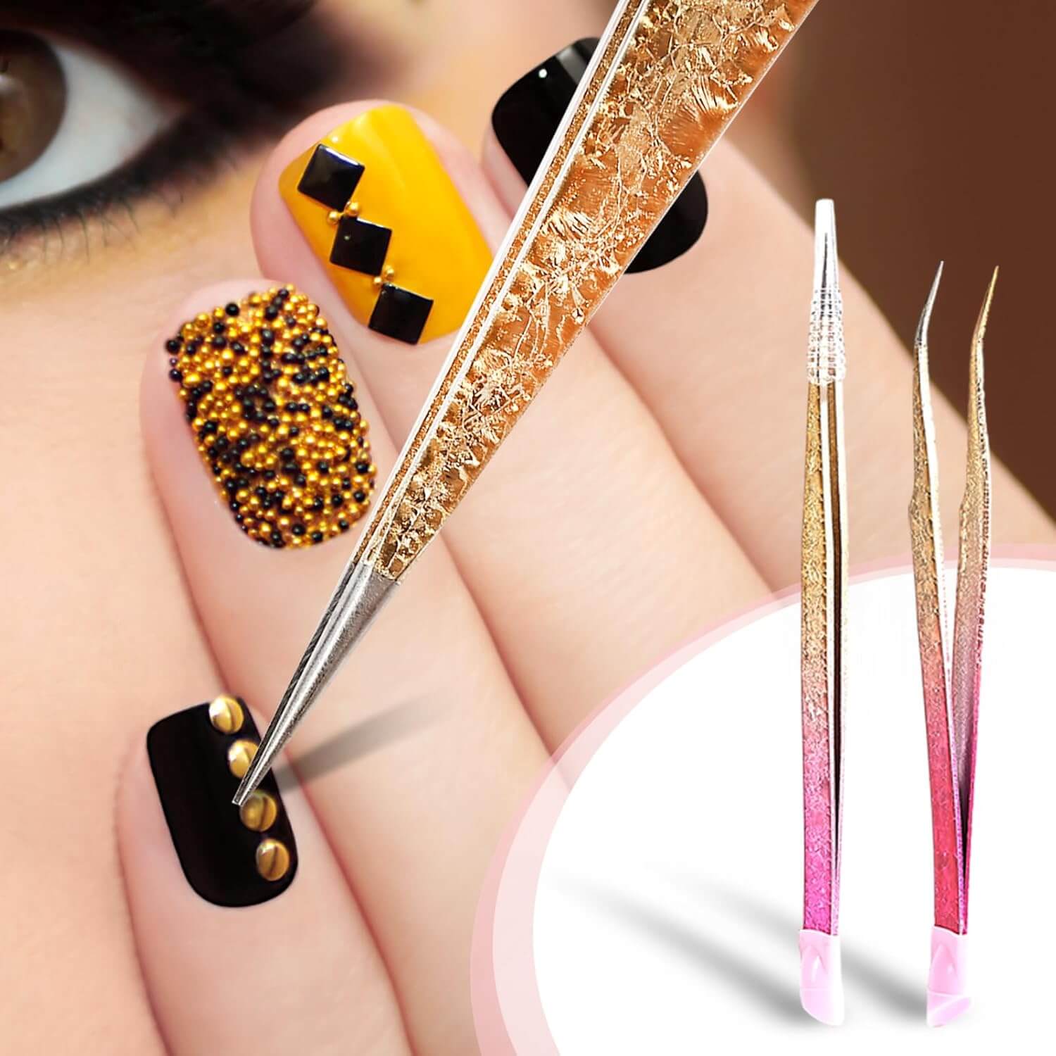Revibe Zen – Precision Stainless Steel Tweezers used for detailed nail art and beauty care on beautifully manicured hands.