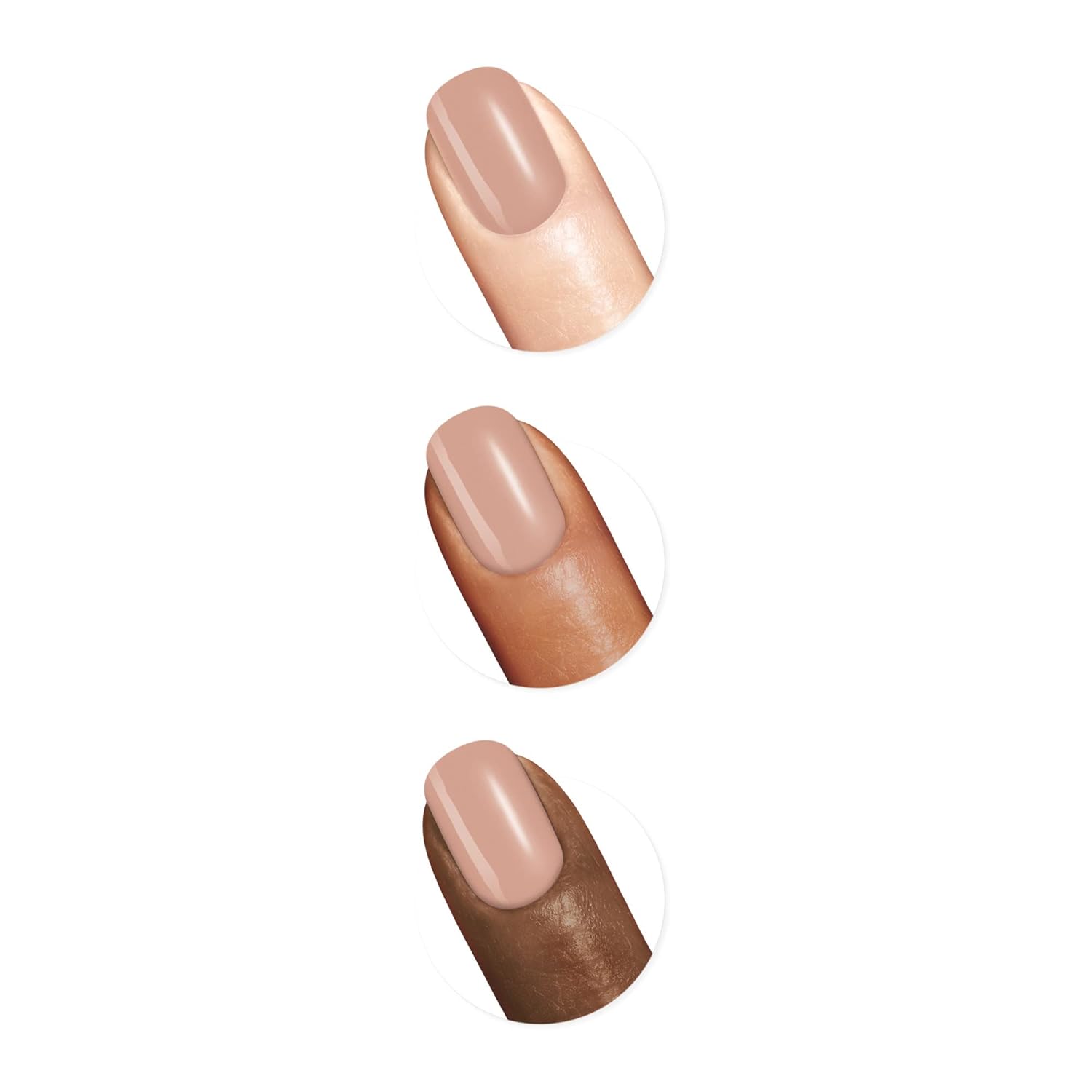 Revibe Zen Quick-Dry Nail Polish displayed on three different skin tones for diverse beauty.