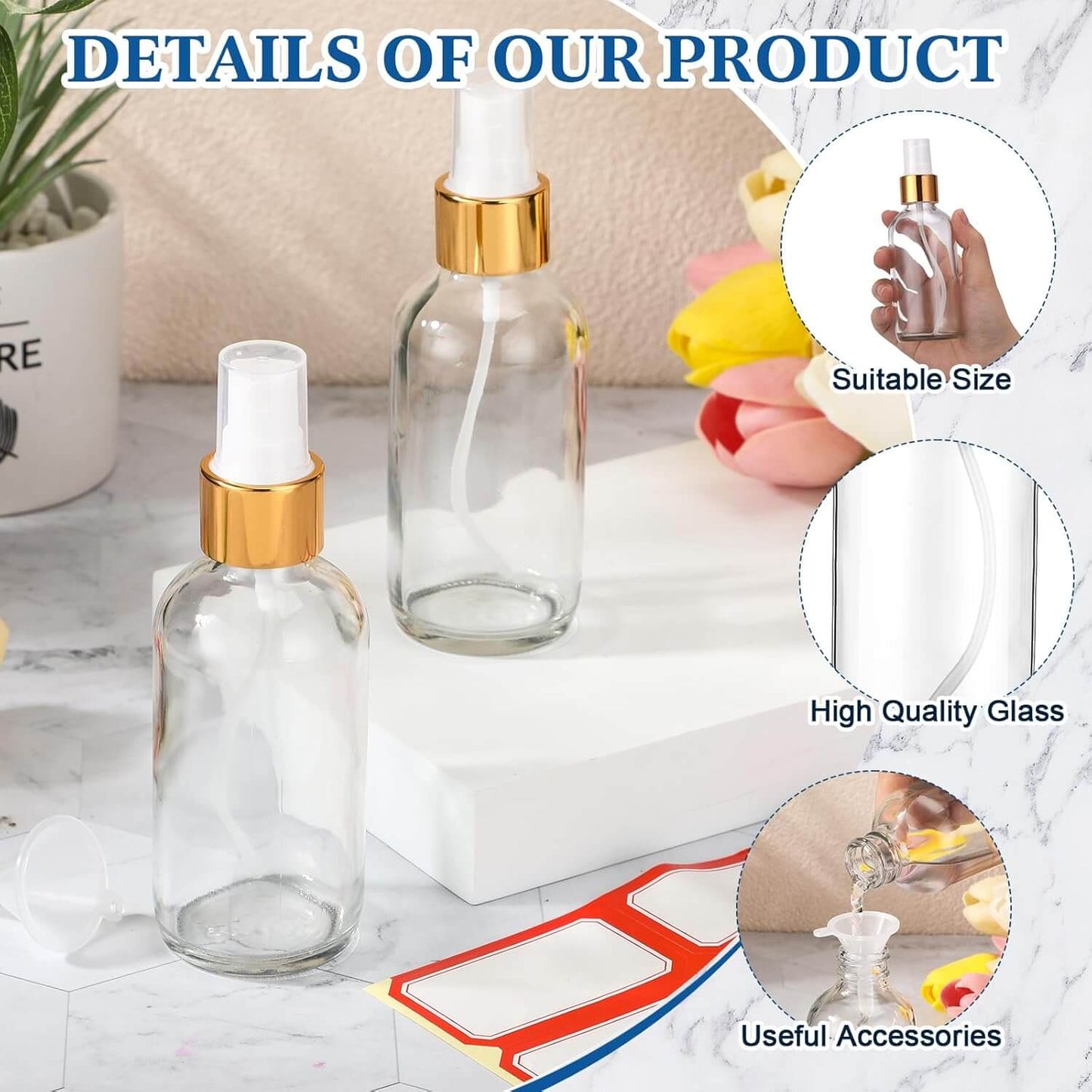 Revibe Zen – Refillable Fine Mist Spray Bottles showcasing details like suitable size, high-quality glass, and useful accessories.