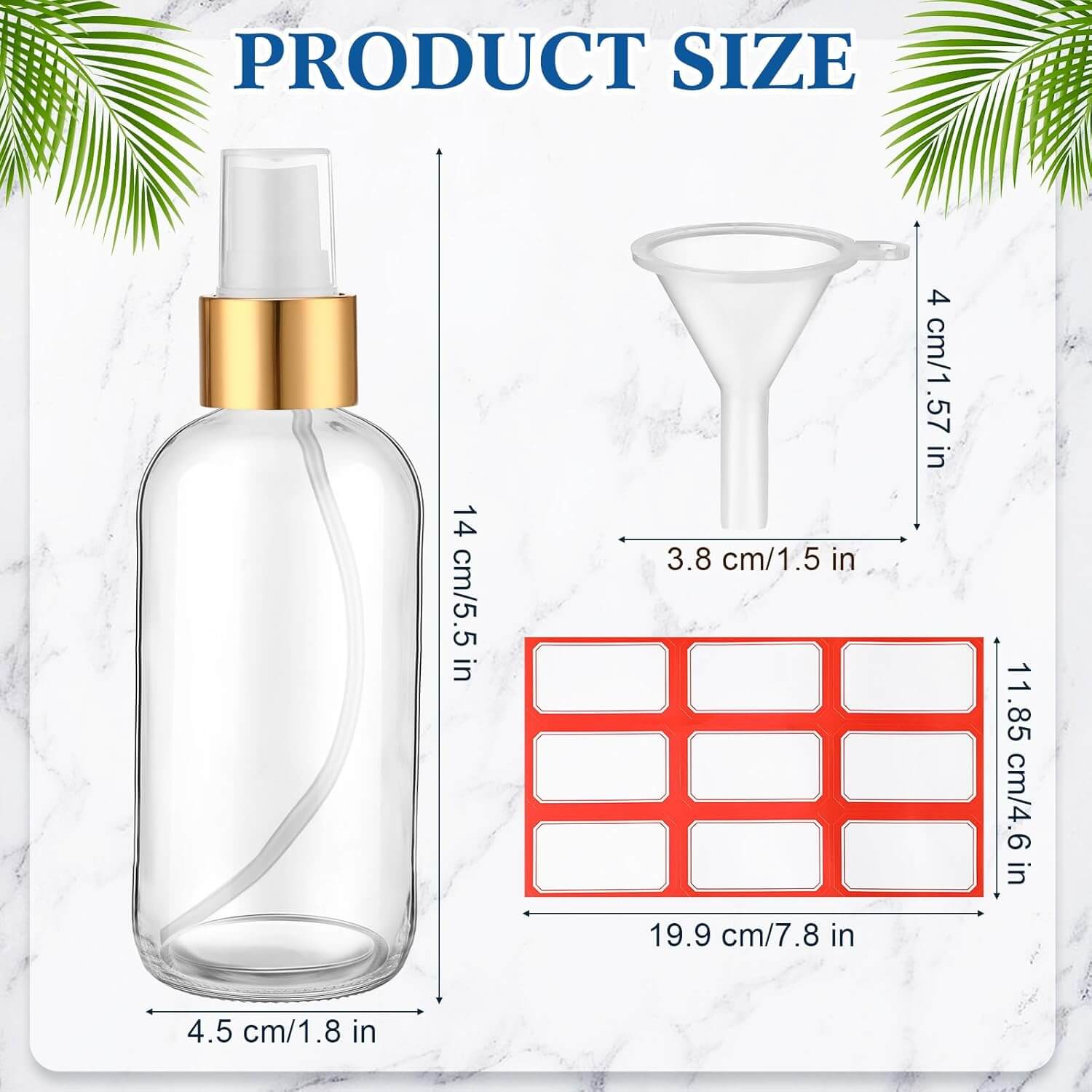 Revibe Zen – Refillable Fine Mist Spray Bottles product size illustration with dimensions and funnel.