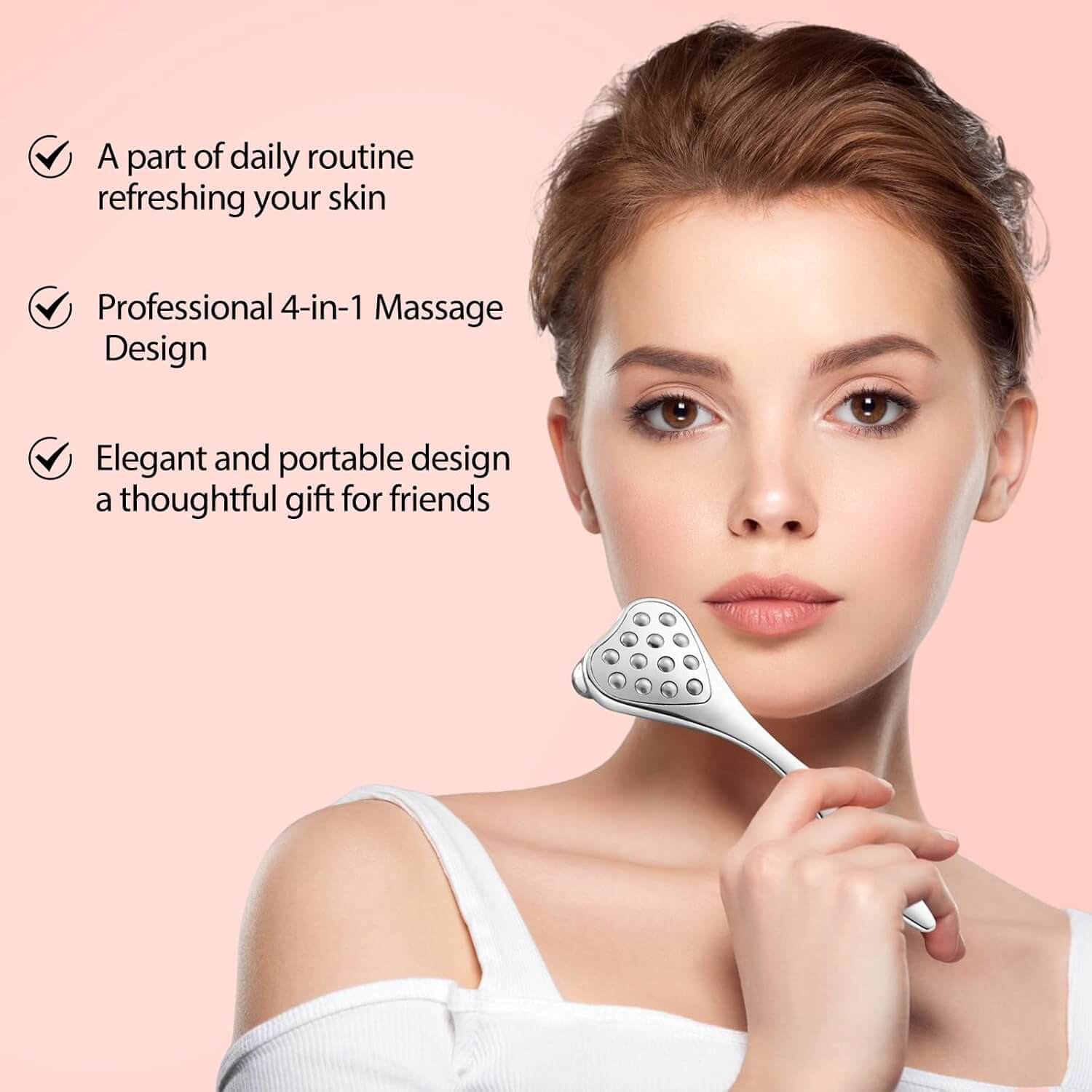 Woman using Revibe Zen Sculpting Massage Tool for facial rejuvenation and relaxation.