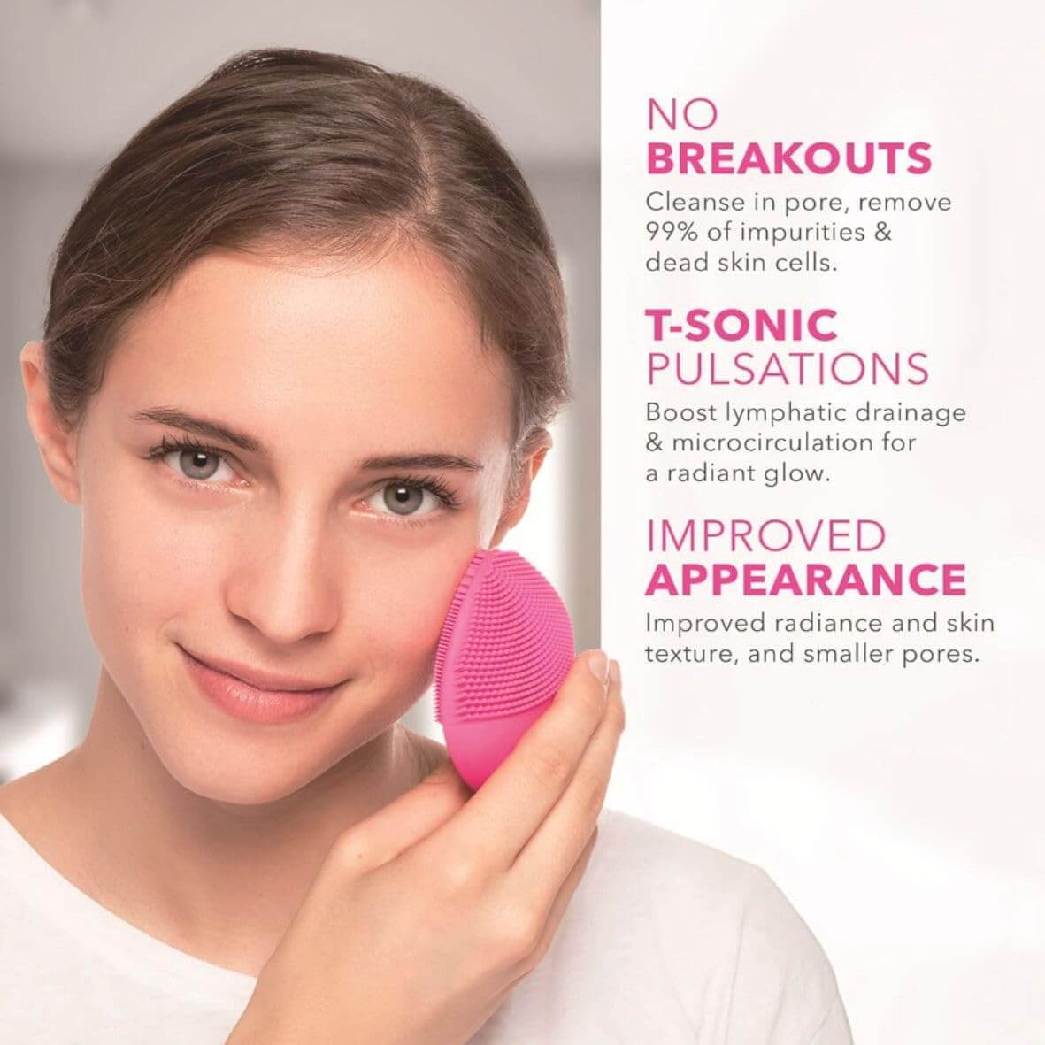 Revibe Zen – Silicone Facial Cleansing Brush demonstrating effective cleansing and deep exfoliation on model's face.