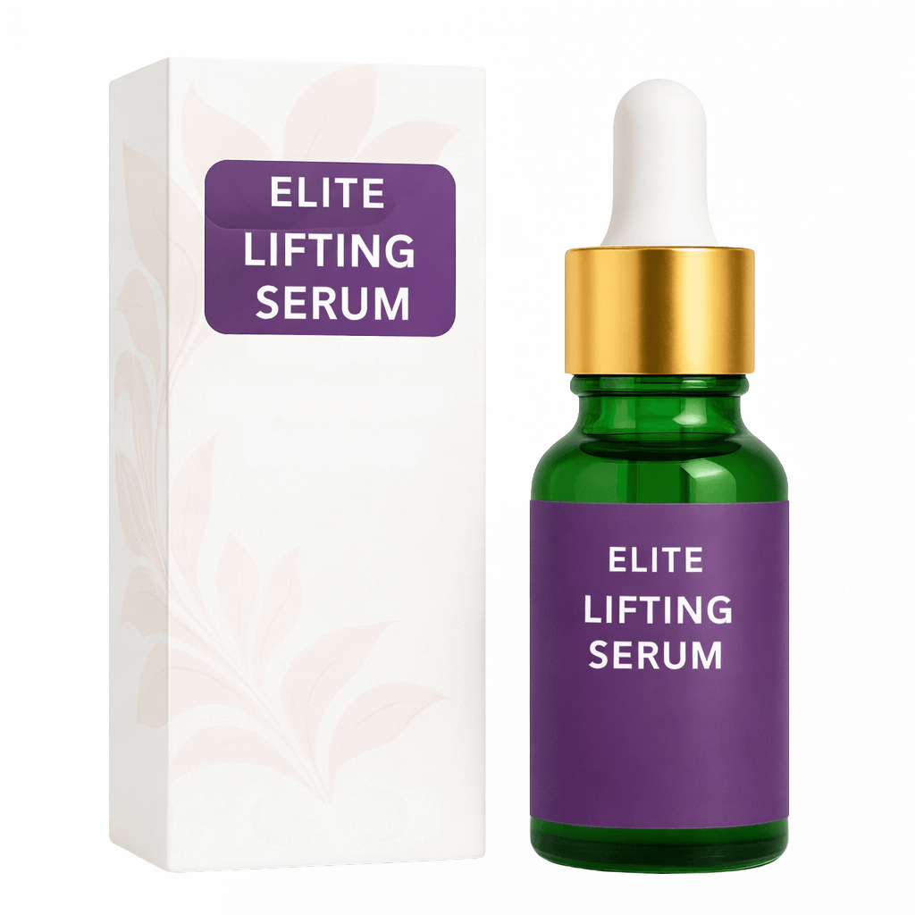 Elite Lifting Serum in a green glass bottle with dropper and elegant packaging for luxurious skincare.