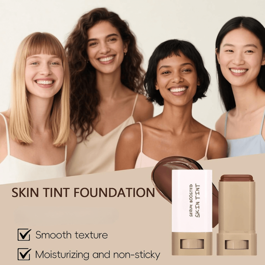 Four diverse women showcasing radiant skin using Skin Tint Foundation for a smooth and moisturized look.
