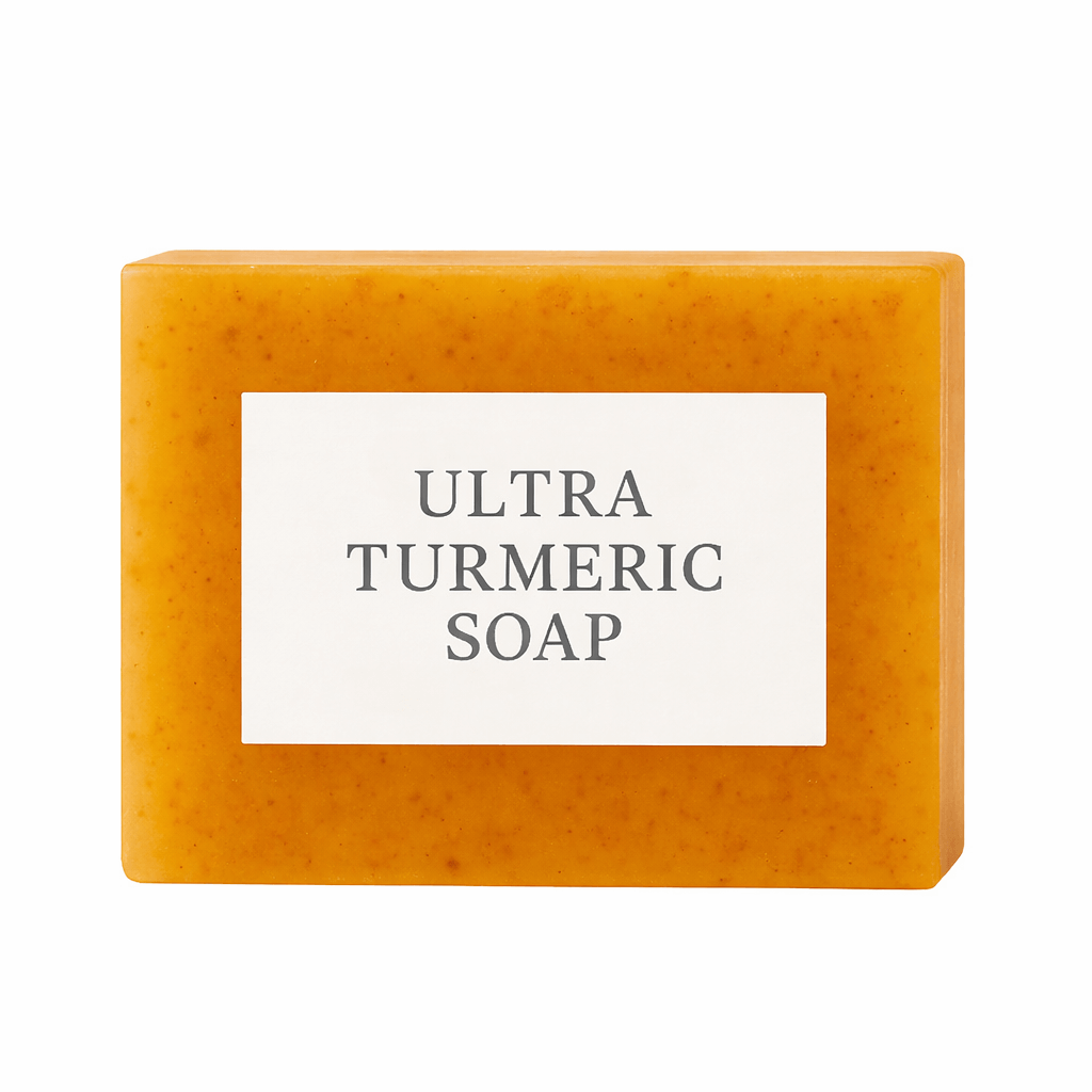 Ultra Turmeric Soap bar showcasing its vibrant color and label for gentle skin cleansing and radiance.