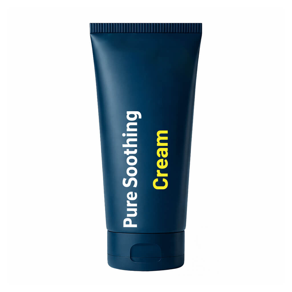 Pure Soothing Cream tube displaying soothing skincare benefits in a dark blue container.