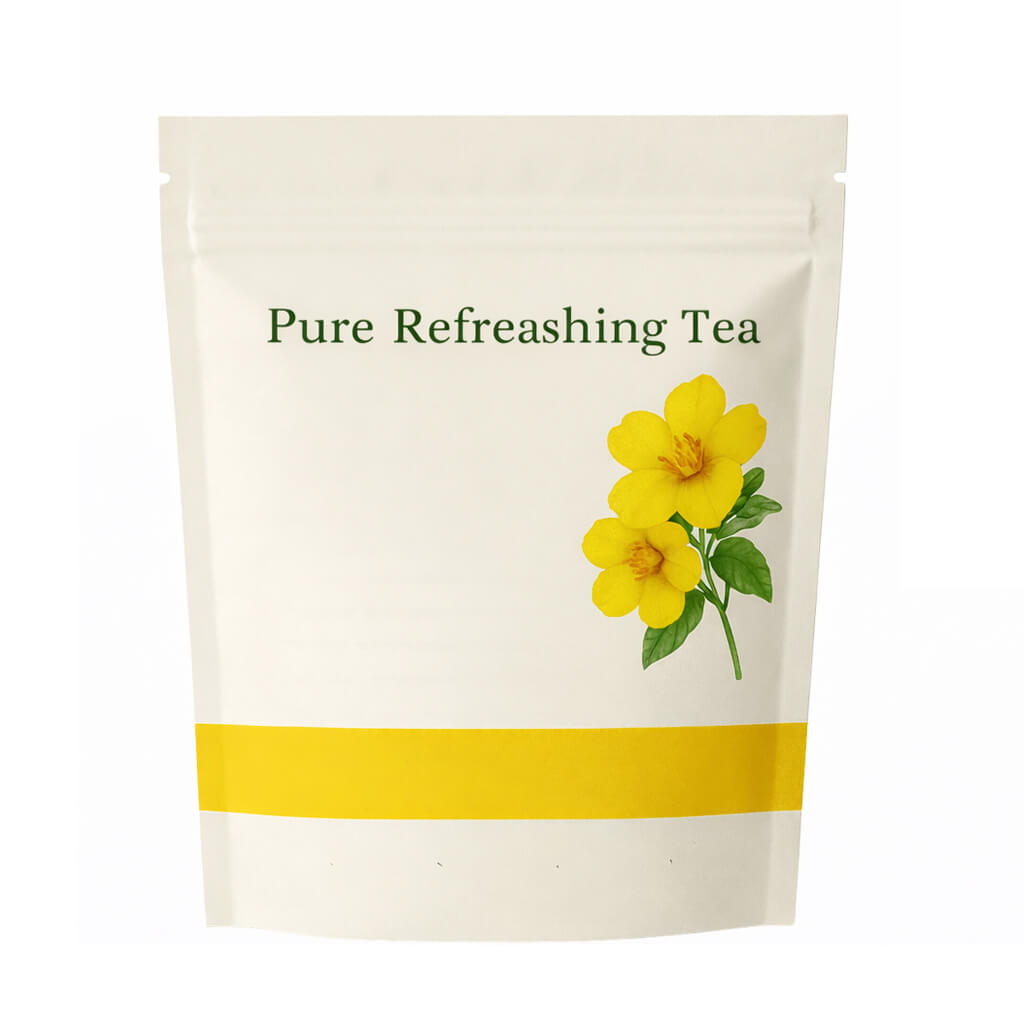 Pure Refreshing Tea packaging featuring yellow flowers, designed for radiant skin and daily self-care.