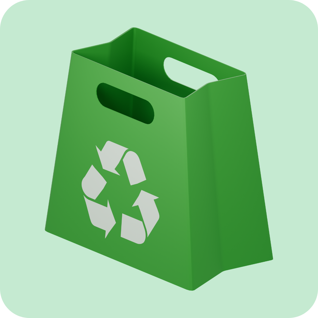 Eco-Friendly Packaging with a green reusable bag featuring a recycling symbol.